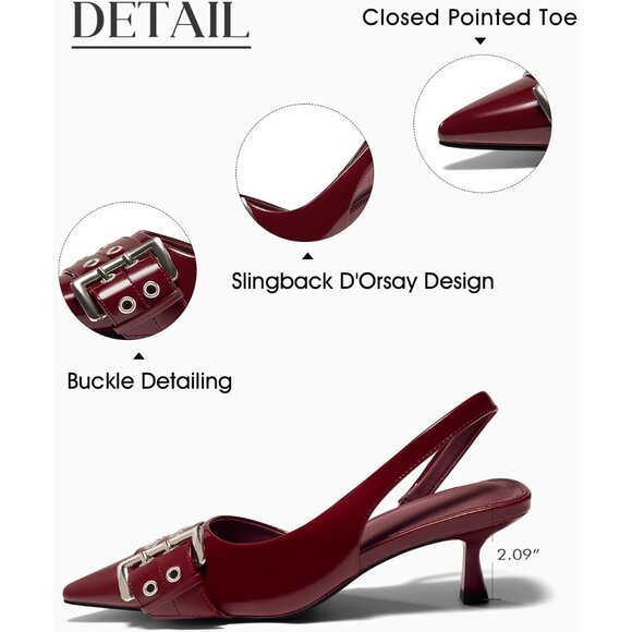 Women's Red Slingback Kitten Low Heels Closed Pointed Toe Pumps D’Orsay Buckle - Picture 4 of 5